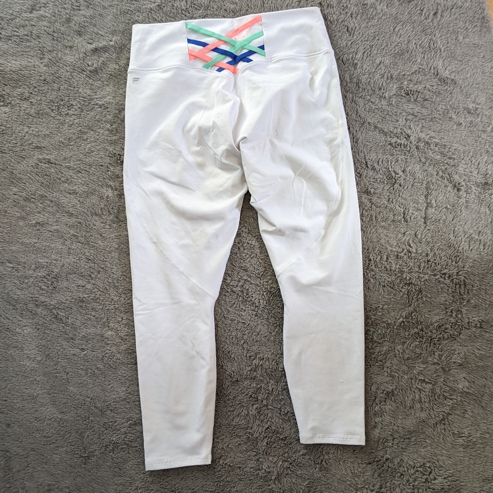Fabletics White High-Waist Leggings with Pastel Crisscross Detail